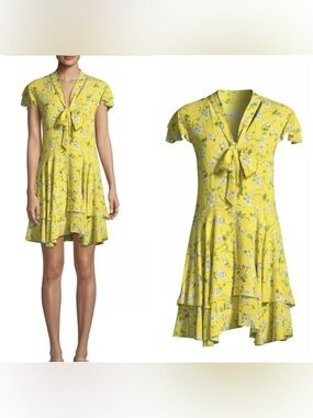 Alice + Olivia Moore Lemon Floral Tie Neck Layered Dress, Sz M